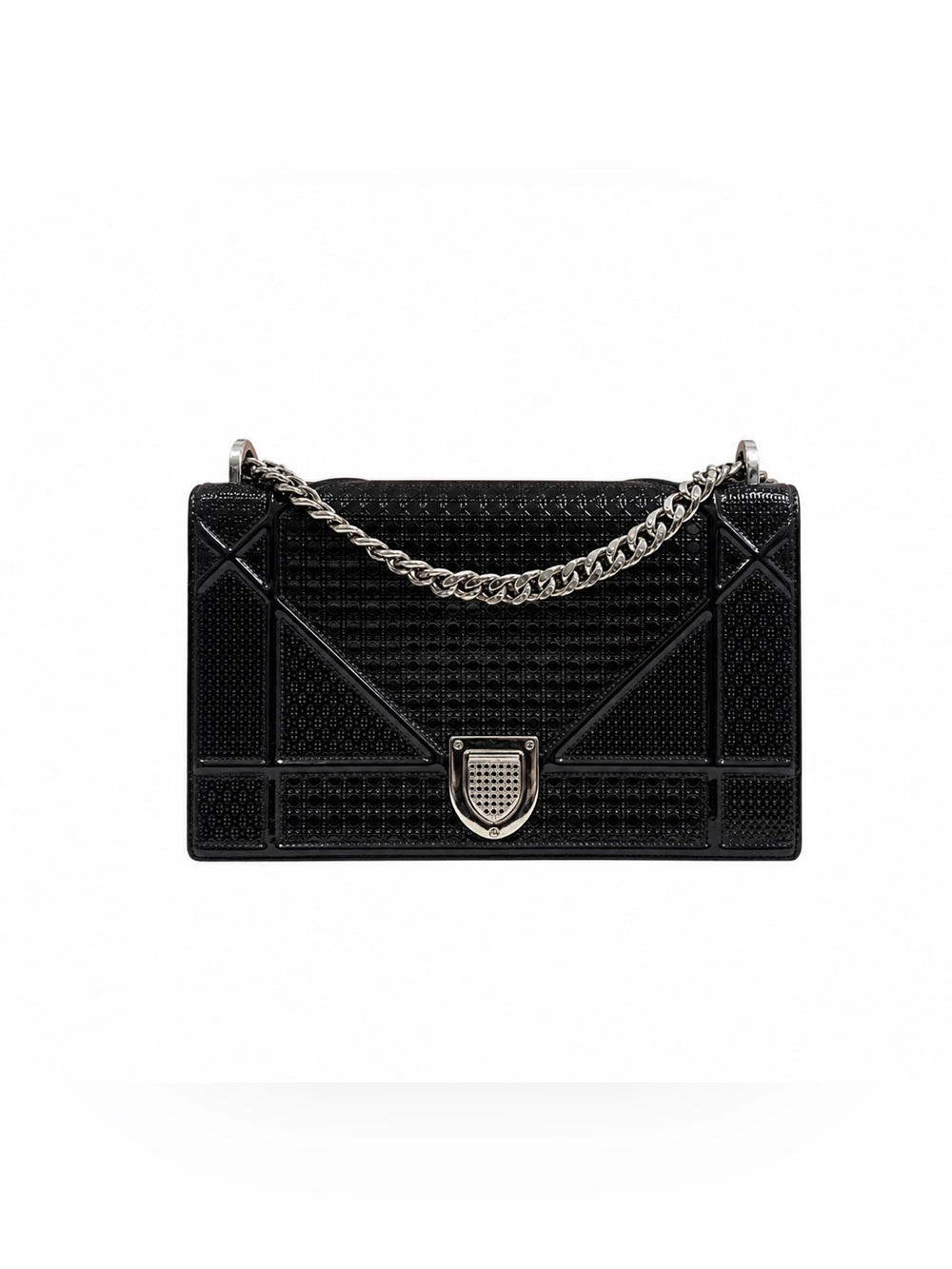 Diorama Cannage Patent Leather Medium Shoulder Bag • Black/Silver • NWT Pristine
